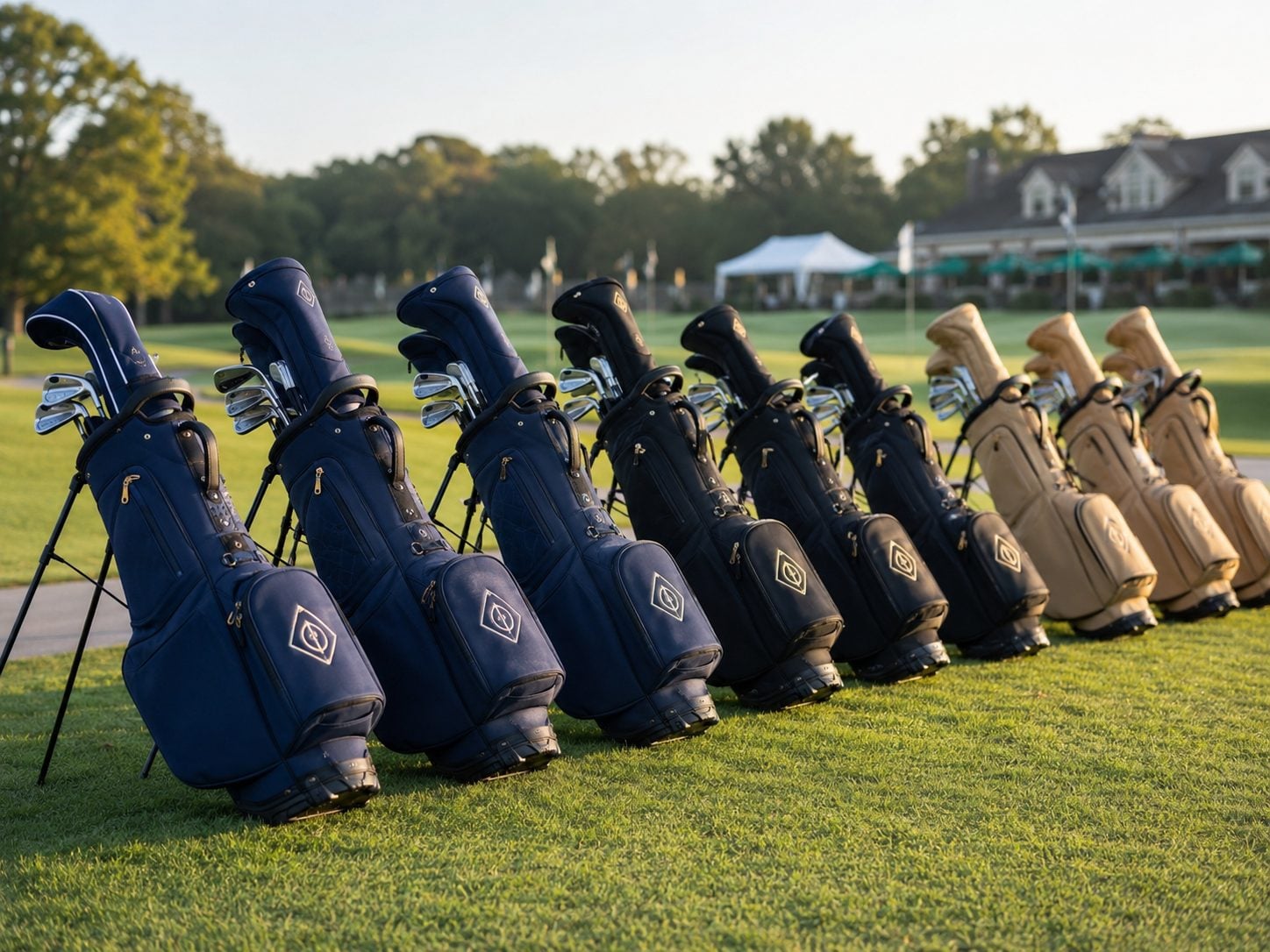 Row of embroidered custom golf bags lined up at a tournament staging area