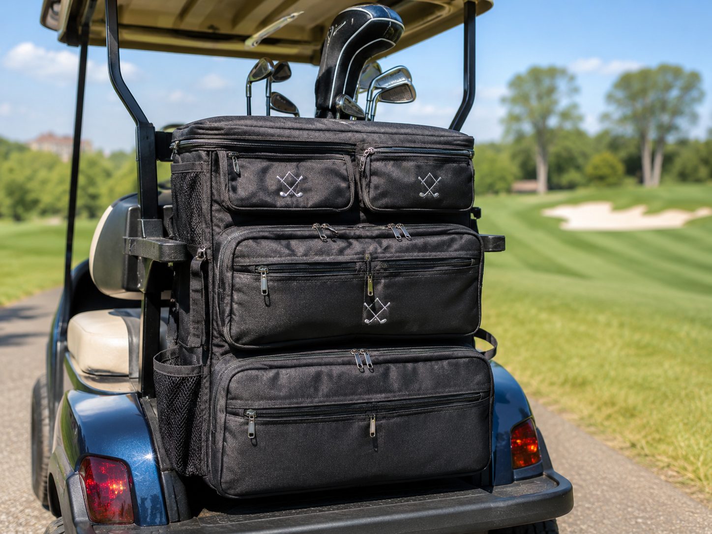 Custom embroidered cart bag with multiple pockets strapped to golf cart, bulk branded order