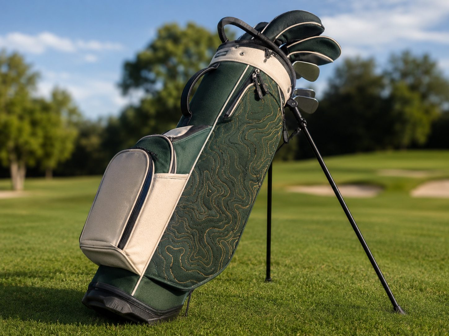 Custom embroidered stand bag with folding legs branded with company logo, bulk order