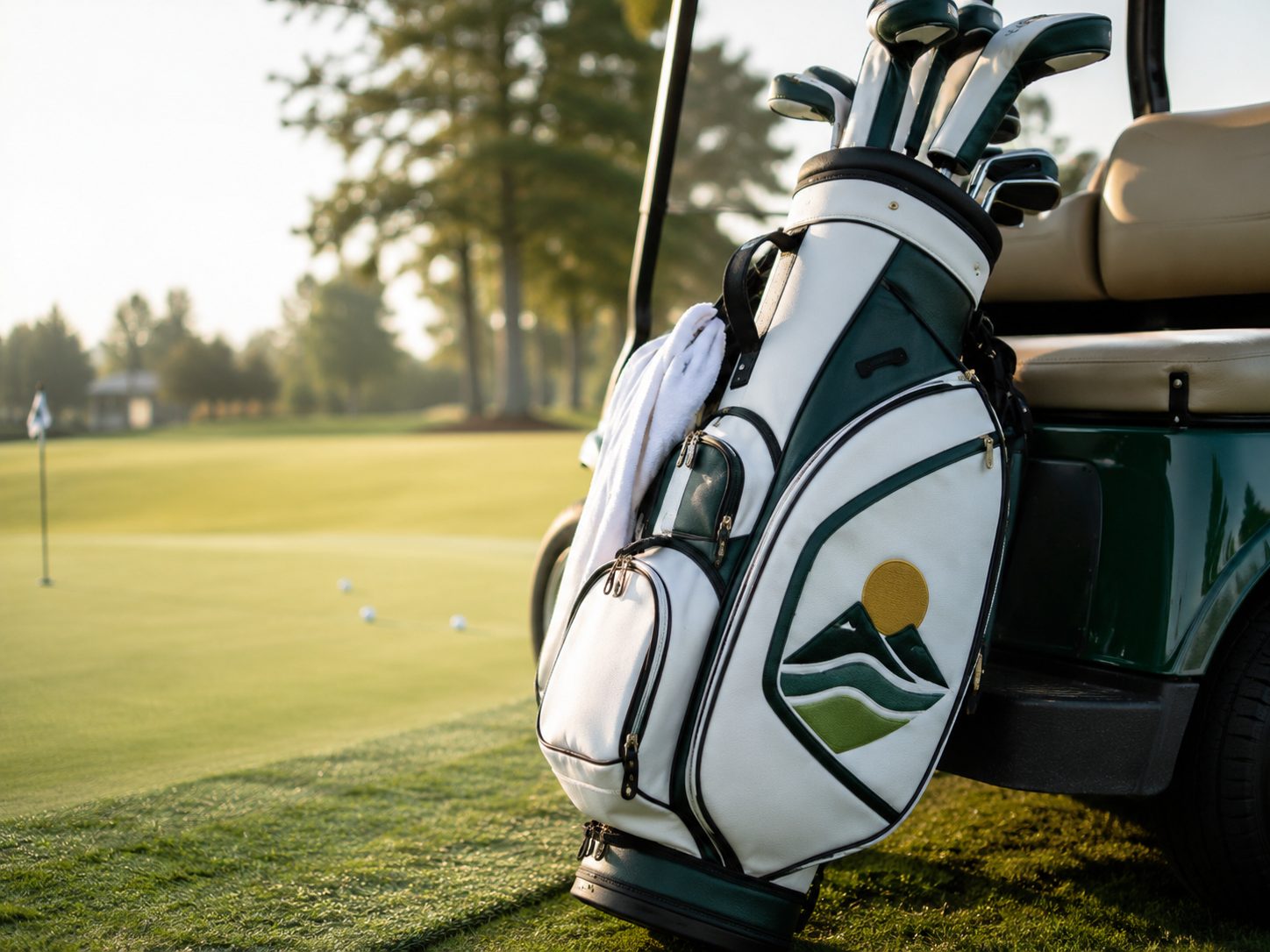 Custom embroidered tour staff bag with large logo panels, premium branded golf bag for sponsors