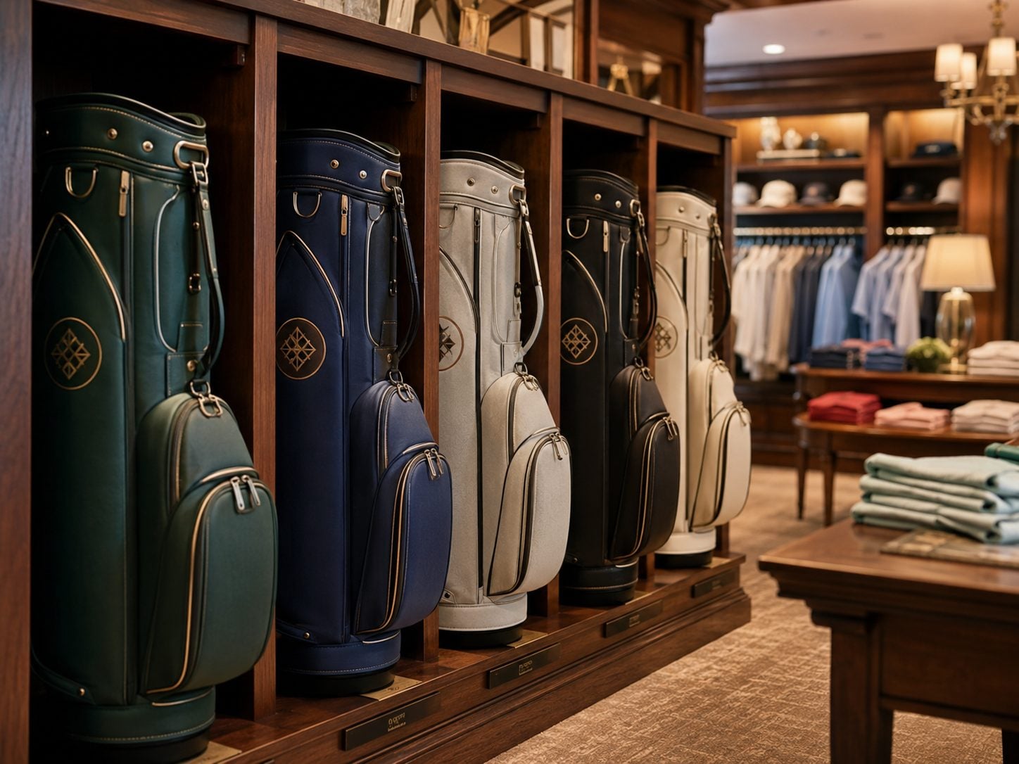 Custom embroidered golf bags displayed on a pro shop rack at a country club