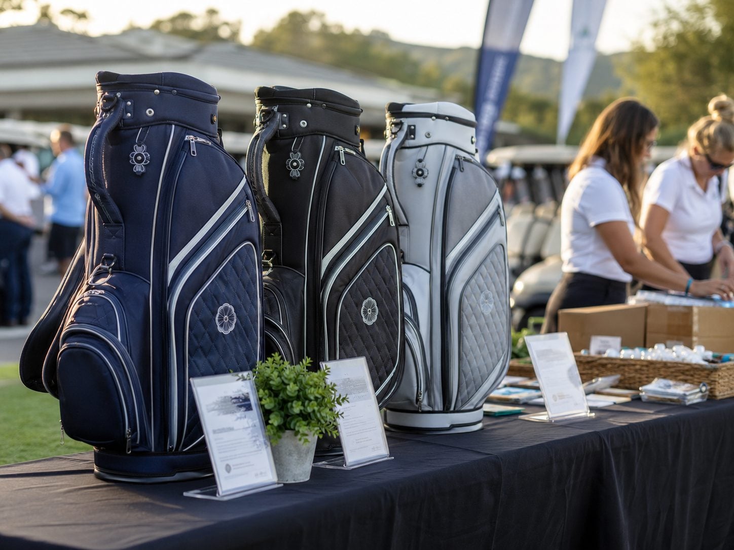 Branded golf bags set up as prizes at a golf tournament registration table
